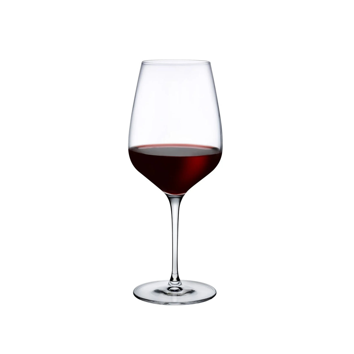 A Refine Glassware Set of 2 by Nude Glassware, filled with red wine, rests on a white background—highlighting the elegance of this delicate glassware.
