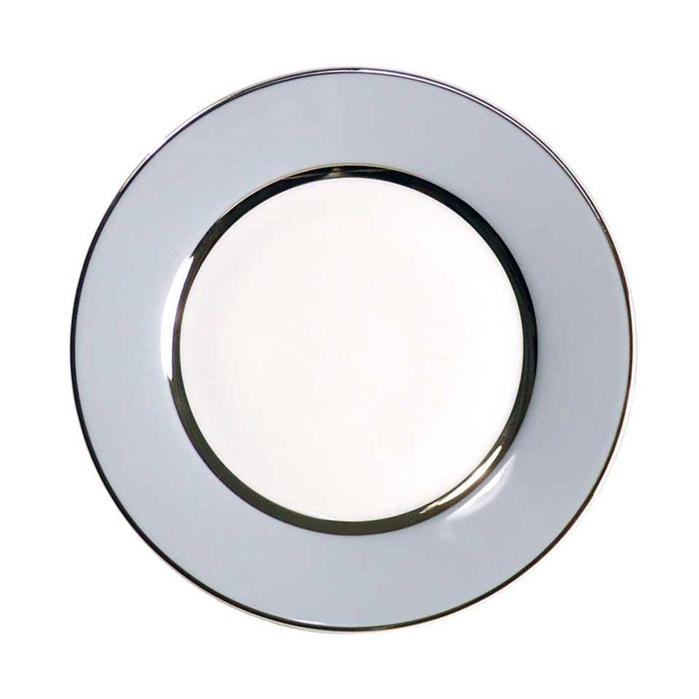 The Recamier MAK Grey & Platinum Dinnerware by Royal Limoges/Bia Cordon Bleu features a round, white plate with a wide light gray border and thin handpainted platinum rims, perfect for modern table settings.