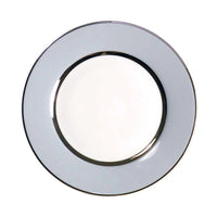 The Recamier MAK Grey & Platinum Dinnerware by Royal Limoges/Bia Cordon Bleu features a round, white plate with a wide light gray border and thin handpainted platinum rims, perfect for modern table settings.