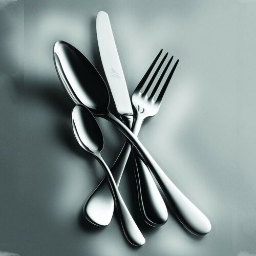 Five pieces of the Mepra Natura Flatware Set—crafted from 18/10 stainless steel with a shiny finish—are arranged in a fan shape on a smooth gray surface, showcasing their sleek, modern design.