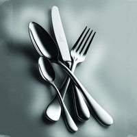 Five pieces of the Mepra Natura Flatware Set—crafted from 18/10 stainless steel with a shiny finish—are arranged in a fan shape on a smooth gray surface, showcasing their sleek, modern design.