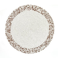The Splatter Beaded Placemat Set of 4 by Von Gern Home features round placemats with a white center and a pixelated brown and white beaded border—an elegant decorative table mat set, shown on a white background.