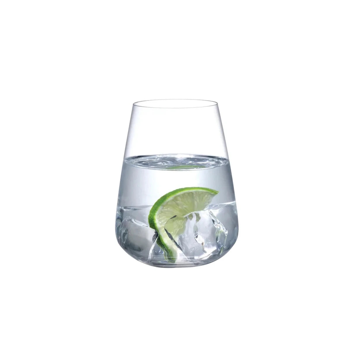 A clear glass of water with ice cubes and a lime slice served in elegant Nude Glassware Stem Zero Vertigo Water Glasses (Set of 2), placed against a plain white background.