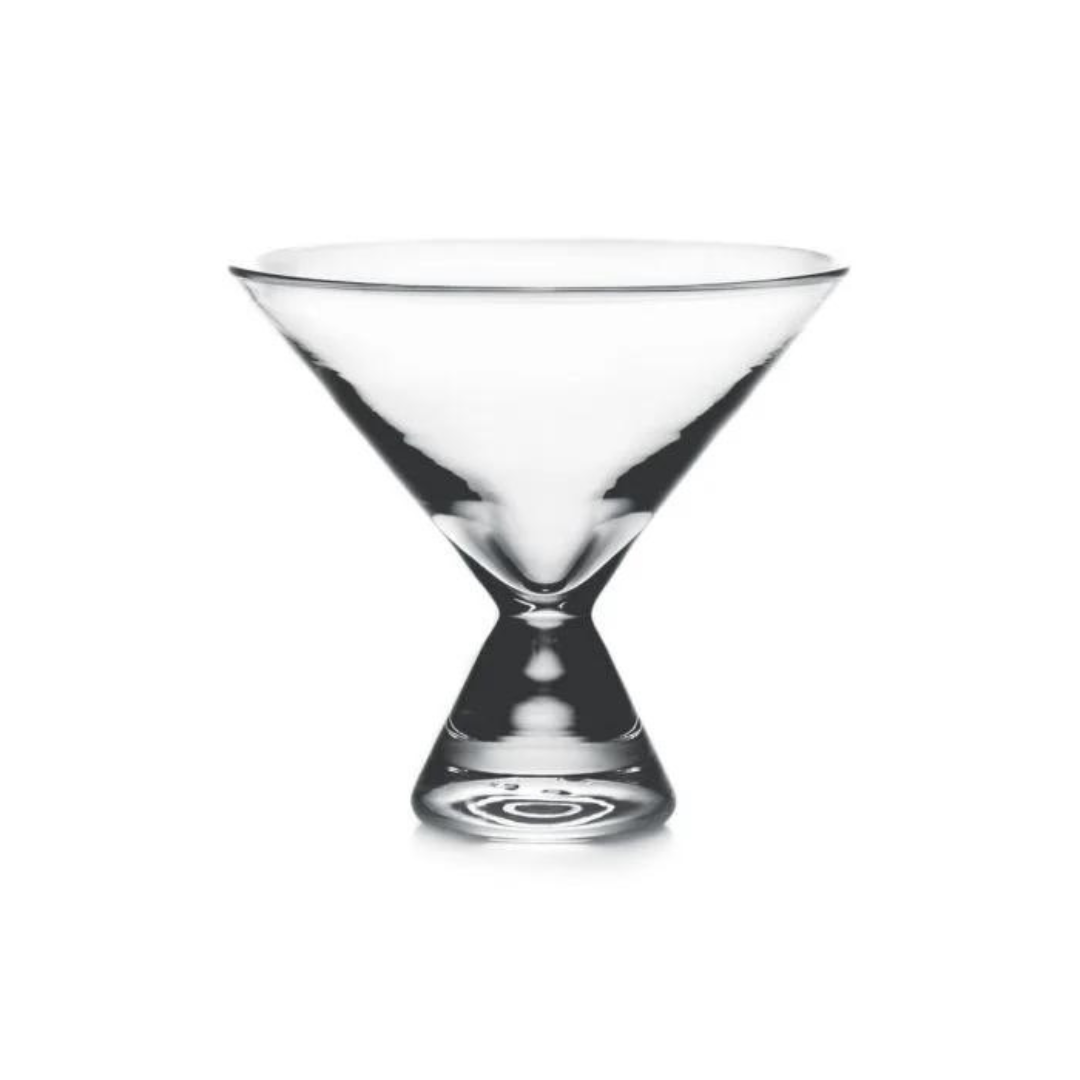 The Simon Pearce Westport Stemless Martini glass features a clear, modern design with a wide conical bowl and a distinctive inverted cone-shaped base, shown on a white background.