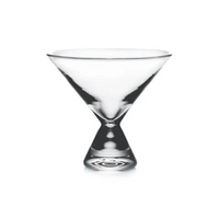 The Simon Pearce Westport Stemless Martini glass features a clear, modern design with a wide conical bowl and a distinctive inverted cone-shaped base, shown on a white background.