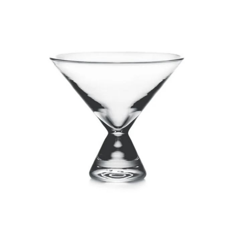The Simon Pearce Westport Stemless Martini glass features a clear, modern design with a wide conical bowl and a distinctive inverted cone-shaped base, shown on a white background.