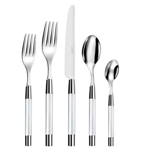 The Capdeco Zoe Flatware 5 Piece Setting - Clear, made in France, features stainless steel forks, knife, tablespoon, and teaspoon with shiny metallic heads and elegant clear handles with silver accents.